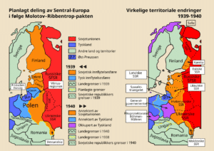 Kart over planlagt og de facto utfall av Ribbentrop-Molotov pakten. Norsk. 