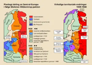 Kart over planlagt og de facto utfall av Ribbentrop-Molotov pakten. Norsk.
