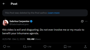 Sabrina-Carpenter-pop-sanger-musiker-trump-ICE-konflikt-ordkrig-Twitter-X-sosiale-medier