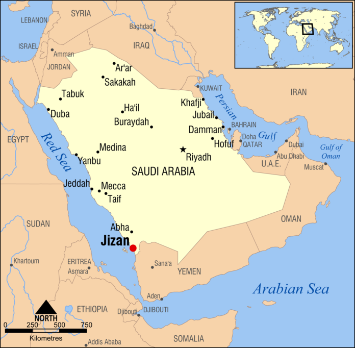 Kart som viser Jizan i Saudi-Arabia